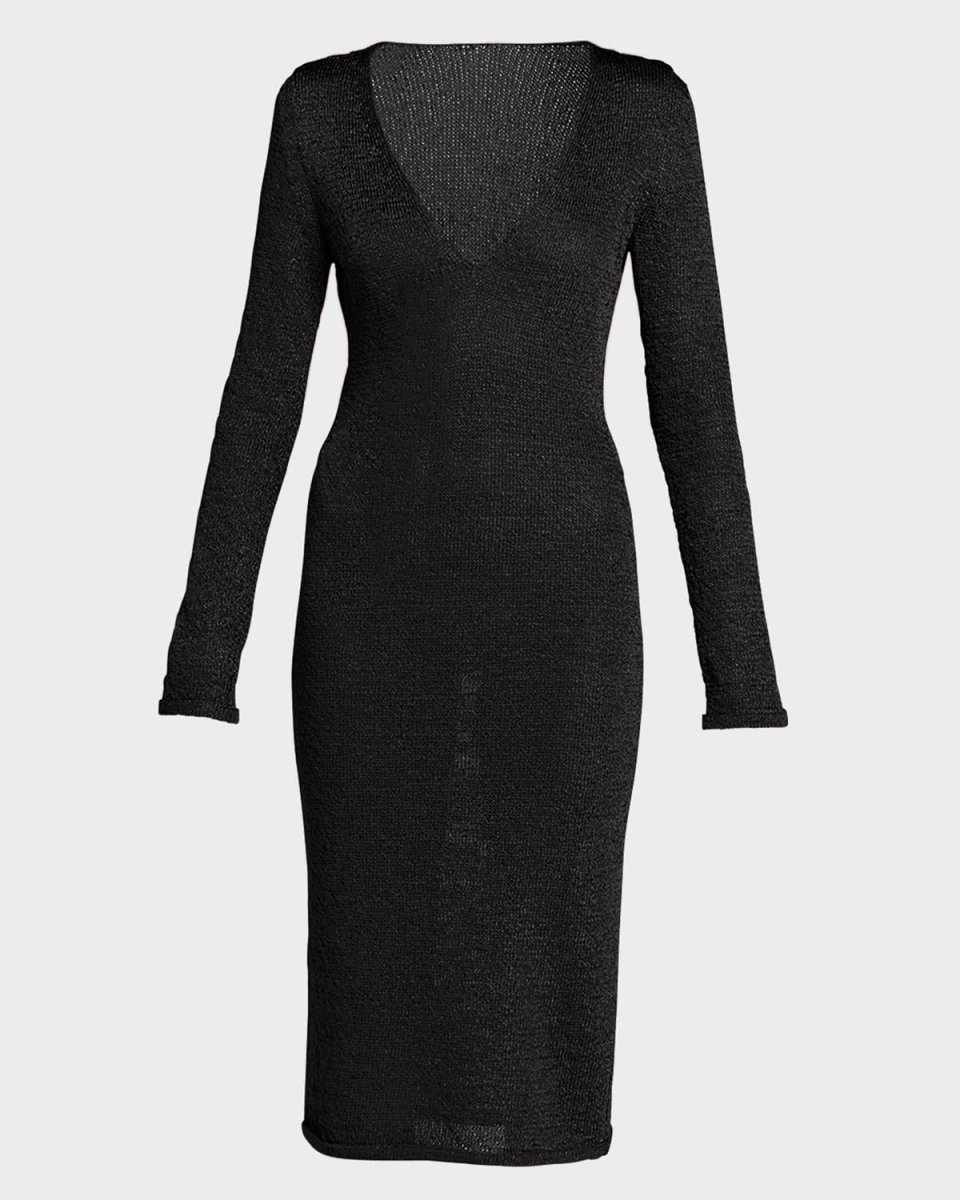 Plunging Neck-Tie 5GG Shiny Rafia Midi Dress